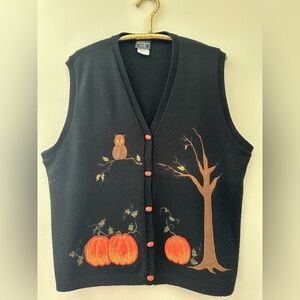 Vintage Fall Southern Lady Black Sweater Vest Embroidered Pumpkins Owl Autumn